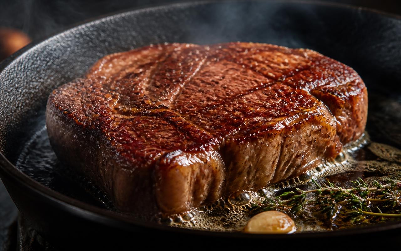 Pièce de bœuf saisie en poêle en fonte avec une croûte brune caramélisée, réaction de Maillard