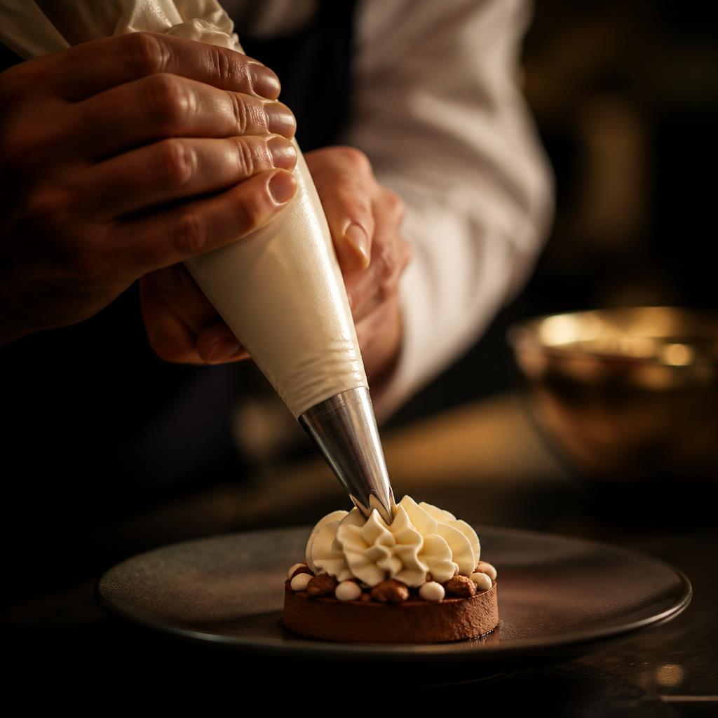 Chef pâtissier travaillant une pâte technique avec précision, gestes de professionnel en cuisine gastronomique — niveau Avancé Maîtrise OuiChef Academy