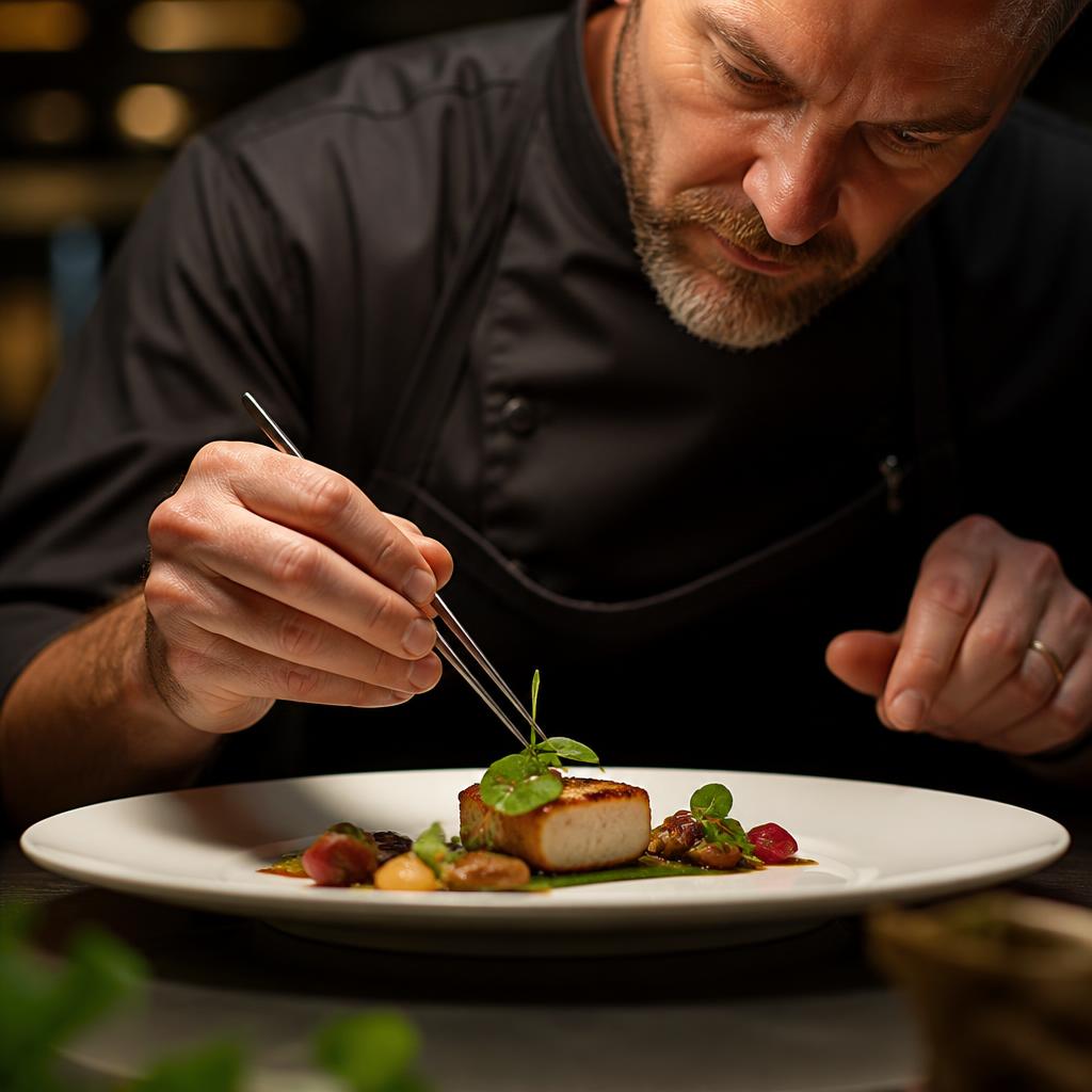 Chef expert dressant à la pince une assiette gastronomique créative, composition signature — niveau Expert Création OuiChef Academy