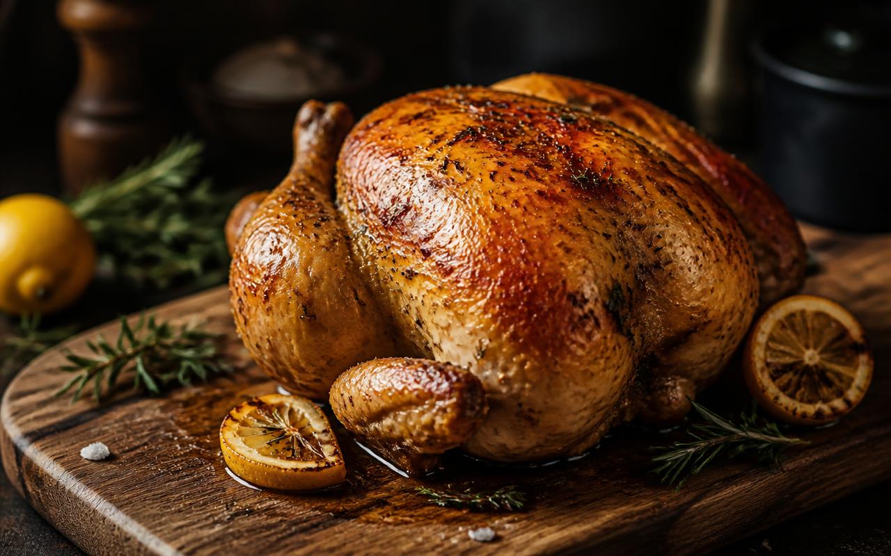 Poulet rôti entier à la peau dorée et croustillante sur une planche à découper, cuisson maîtrisée
